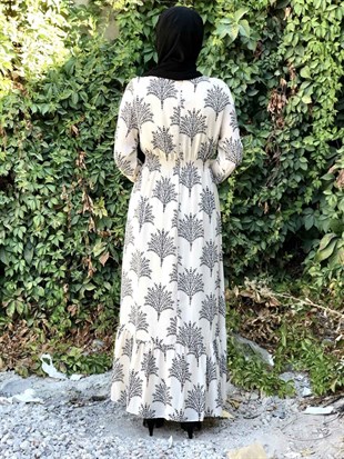 Bel ve Kol Gipeli Ağaç Desenli Elbise 8053-EKRU