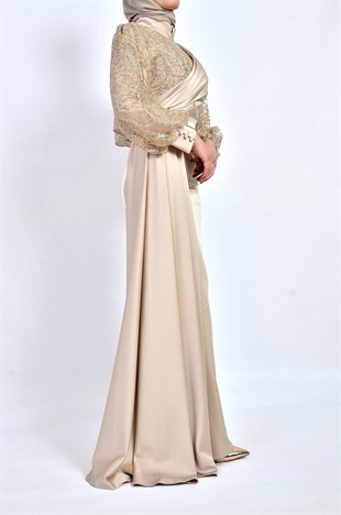Saten Abiye Elbise Payet Garnili Balık Model 2322-GOLD