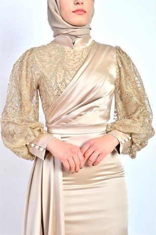 Saten Abiye Elbise Payet Garnili Balık Model 2322-GOLD